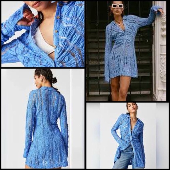 Free People Shayla Lace Mini Dress Periwinkle Blue L/S Ruched Button Front XS EU - Picture 2 of 8